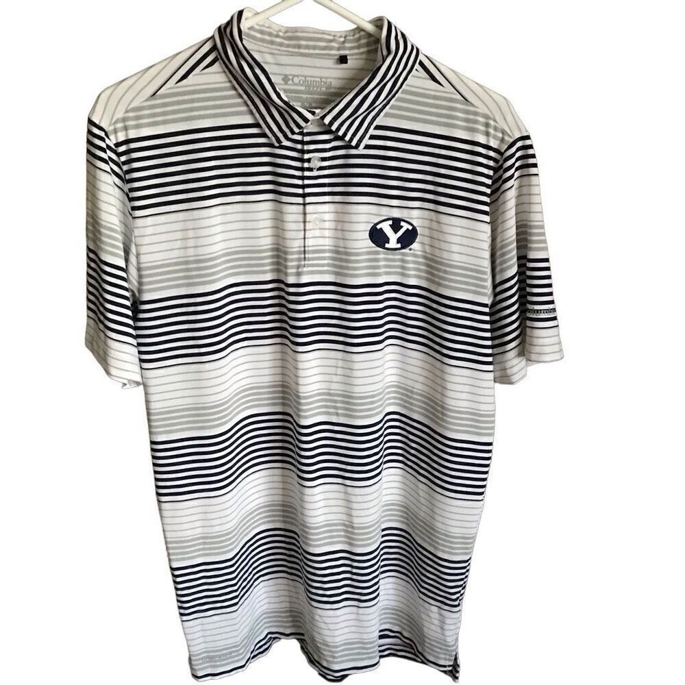 Columbia golf polo shirt SZ M white black  Brigham Young University logo
